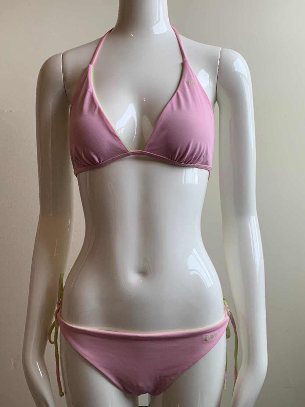 Guess lime green & light pink solid reversible halter bikini